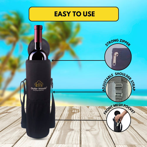 Outer Woods Insulated Cooler Bag for 1 Bottle with Adjustable Strap, Compact Wine Bottle Carrier for Travel & Outdoor, 6+ Hours Cooling, Beverage Cooler Bag