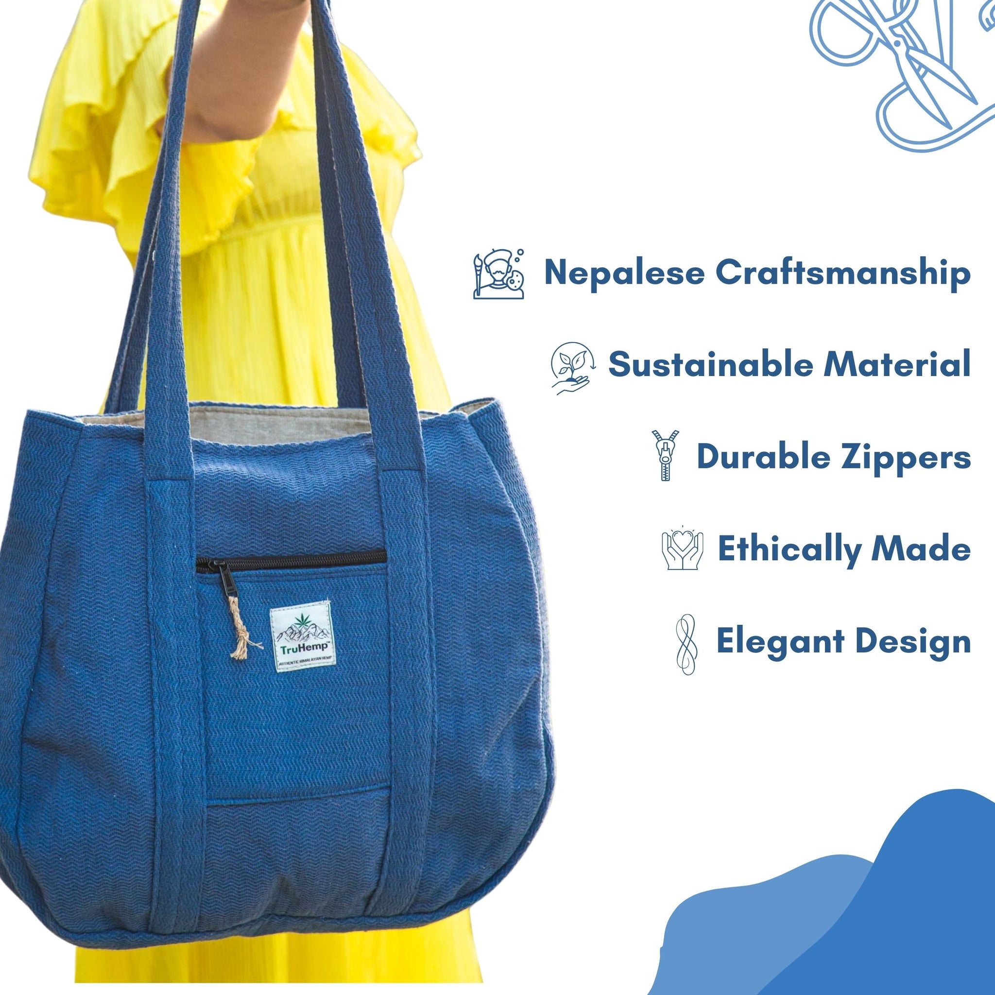 TruHemp Himalayan Hemp Tote Bag– Spacious Shopping Tote with Dual Zippered Compartments, Durable Market Bag with Cotton Lining, 10L Capacity