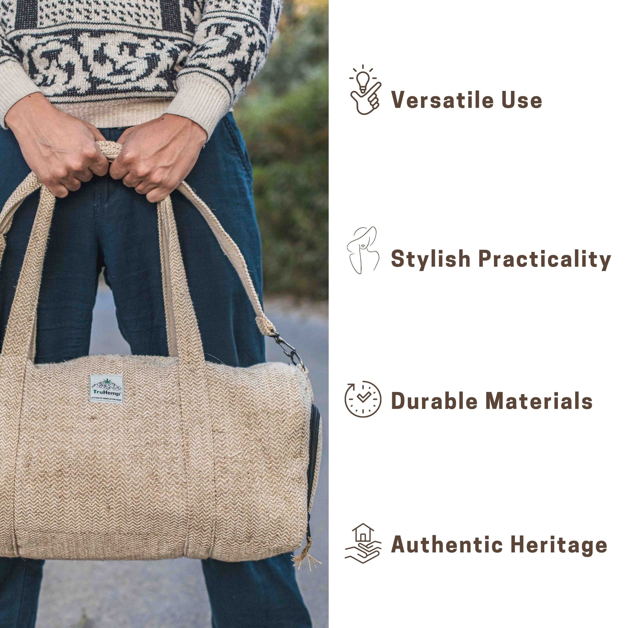 TruHemp Hemp Duffle Bag– Natural Travel Gym Bag with Shoe Compartment, Durable 30L Capacity with Dual YKK Zippered Sections
