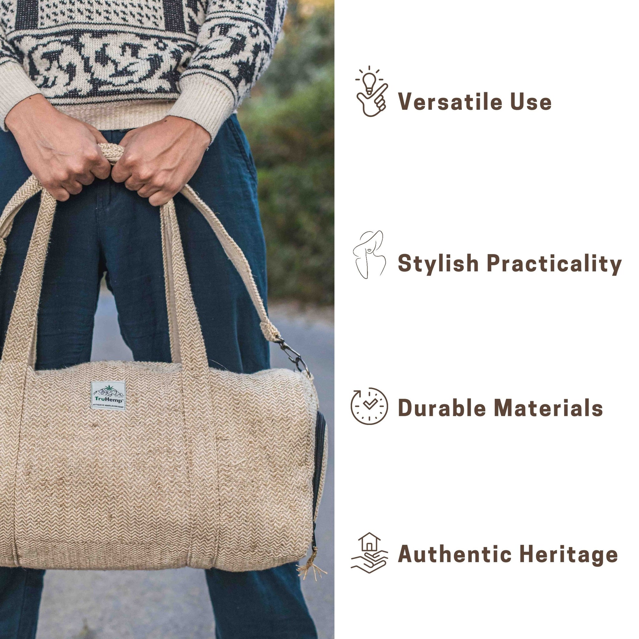 TruHemp Hemp Duffle Bag– Natural Travel Gym Bag with Shoe Compartment, Durable 30L Capacity with Dual YKK Zippered Sections