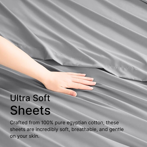 bellolin 100% Cotton Bed Sheet Set with Deep Pocket, 400 Thread Count Extra Soft Bed Sheet, Cooling Sheet with 2 Pillow Covers - 4 Piece Set