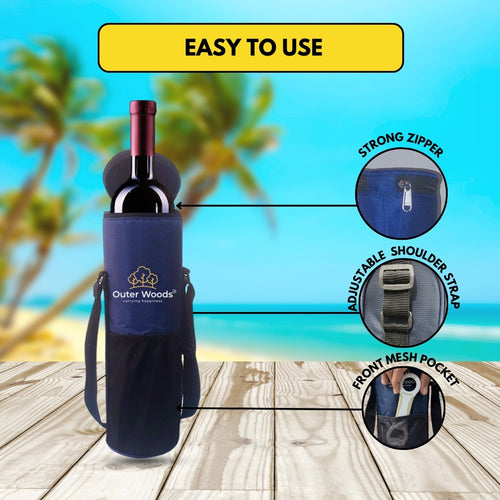 Outer Woods Insulated Cooler Bag for 1 Bottle with Adjustable Strap, Compact Wine Bottle Carrier for Travel & Outdoor, 6+ Hours Cooling, Beverage Cooler Bag
