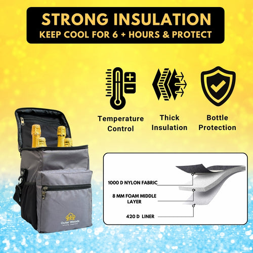 Outer Woods Insulated 4 Bottle Cooler Bag | 6+ Hours Cooling | Beverage Cooler Bag | 4 Units of Ice Gel Packs Included