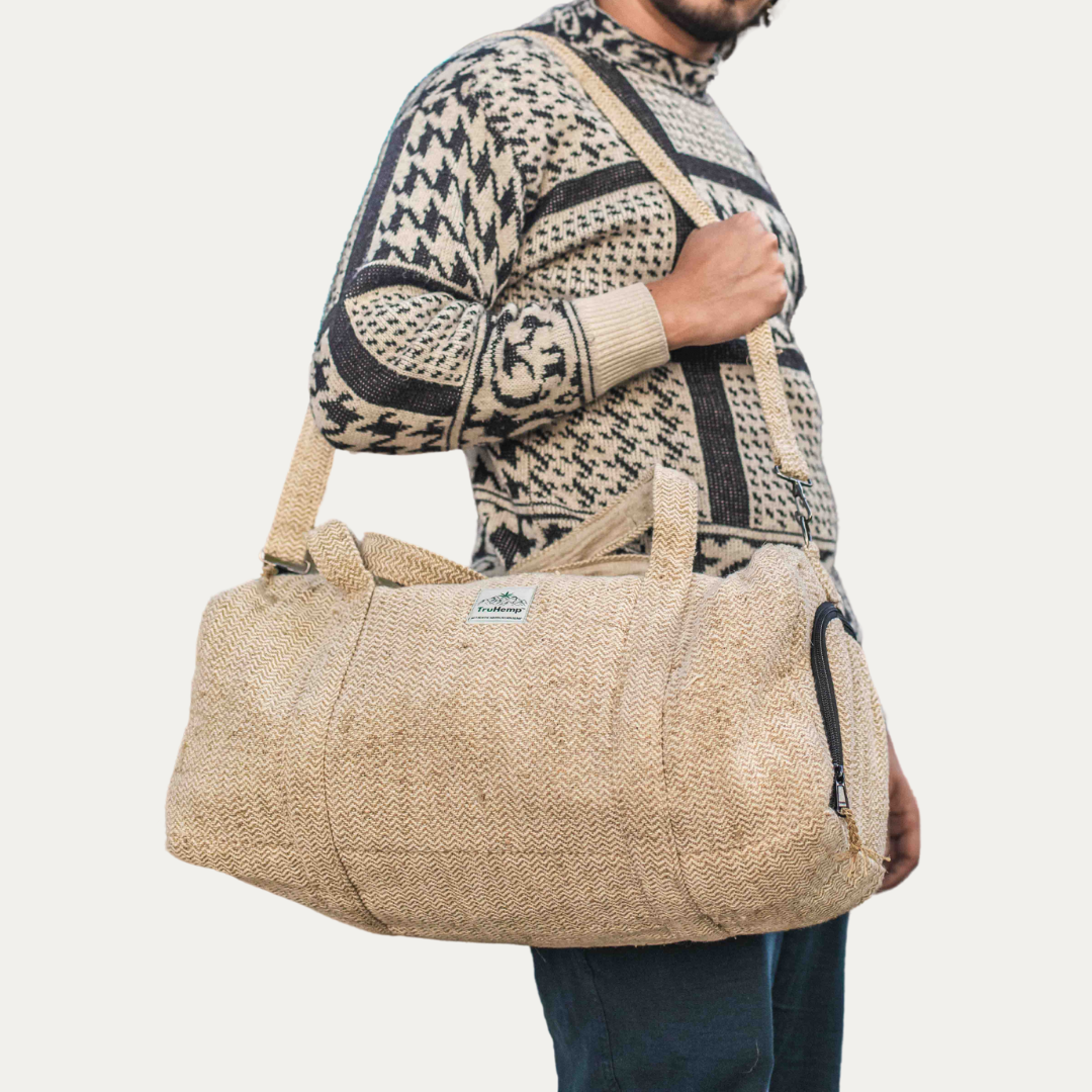 TruHemp Hemp Duffle Bag– Natural Travel Gym Bag with Shoe Compartment, Durable 30L Capacity with Dual YKK Zippered Sections