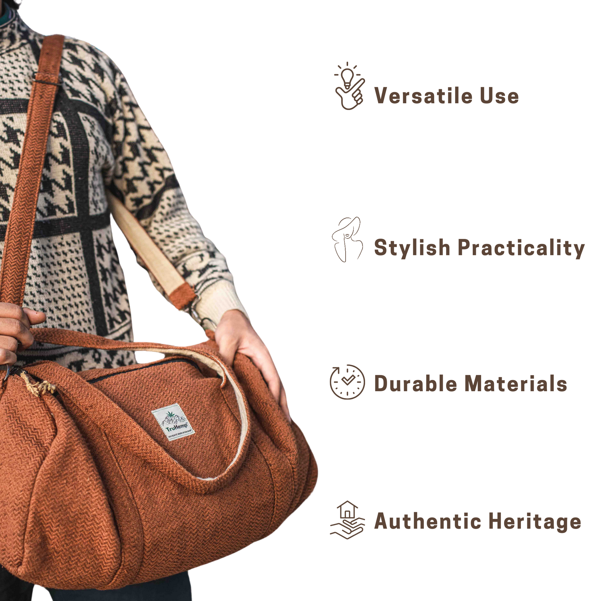 TruHemp Hemp Duffle Bag– Natural Travel Gym Bag with Shoe Compartment, Durable 30L Capacity with Dual YKK Zippered Sections