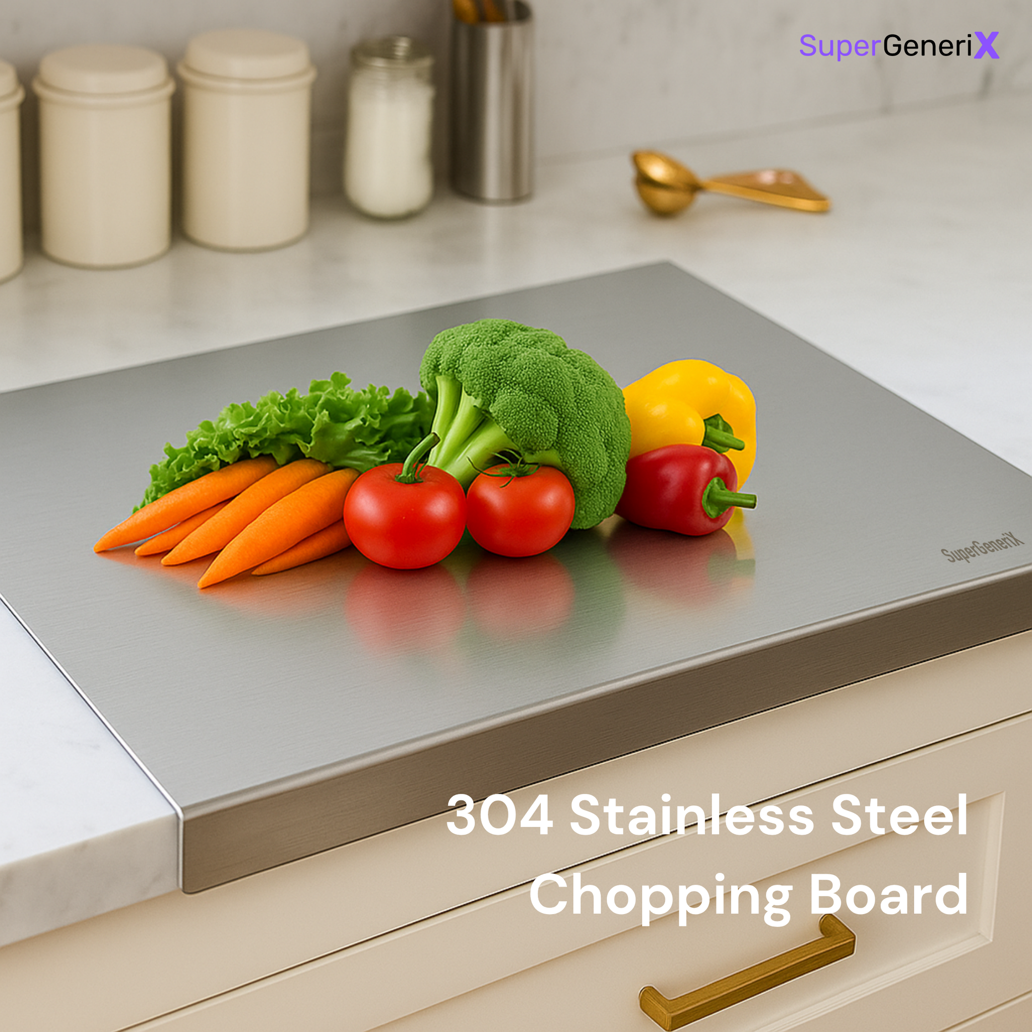 SuperGeneriX Premium 36x30 cms Stainless Steel Chopping Board with L-Shape Lip | Heavy Duty Countertop Cutting Board for