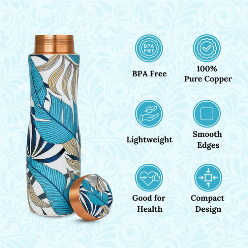 SuperGeneriX Copper Water Bottle (1 Litre), Leakproof, Pure Copper Water Bottle, Tamba Bottles, Authentic, Durable Bottle for Everyday Use (Blue Leaf Print)