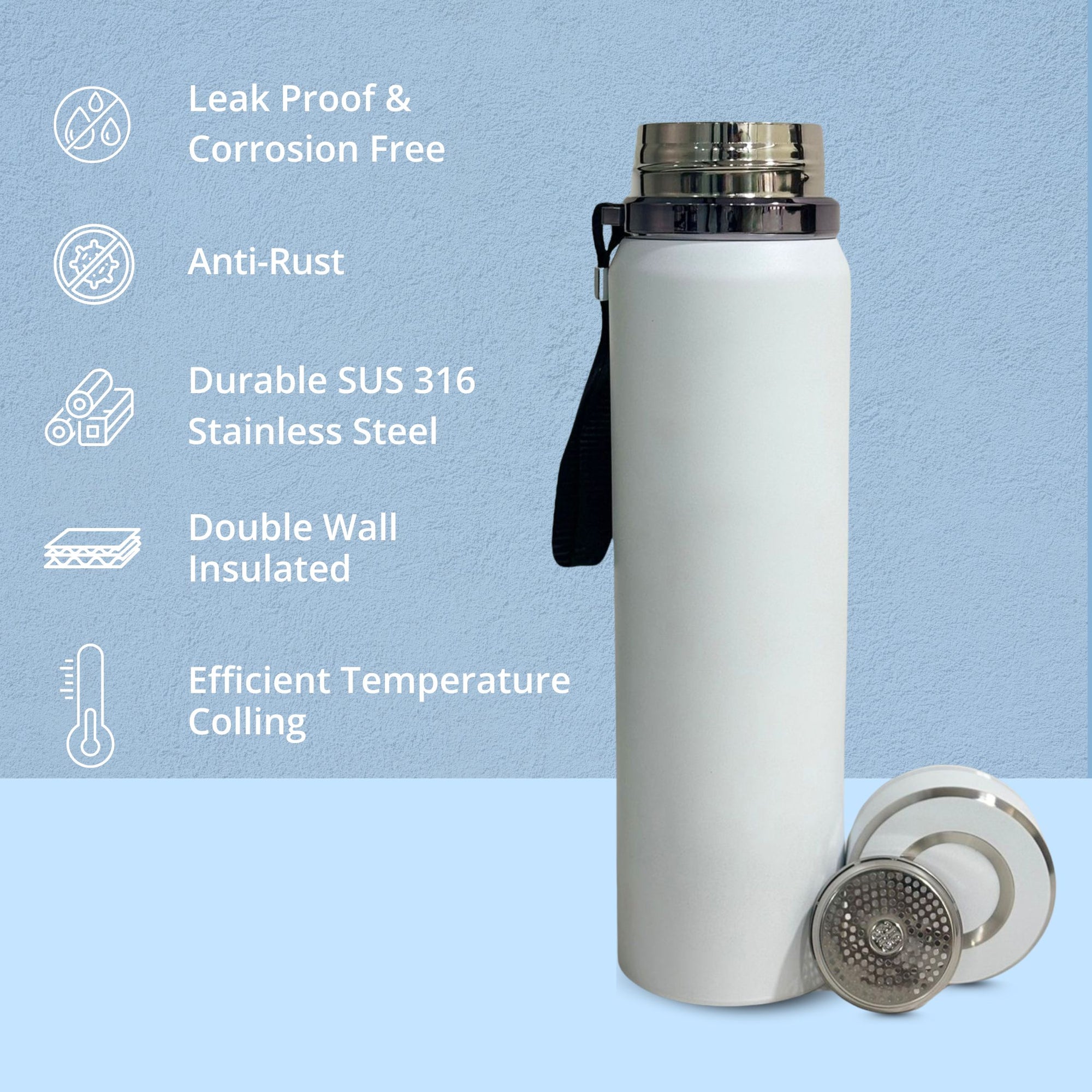 SuperGeneriX 1000ml Stainless Steel Water Bottle with Carry Rope | Leak Proof Double Walled Vacuum Insulated Thermosteel