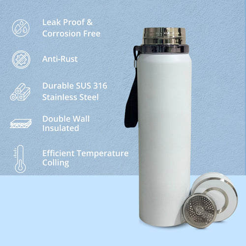 SuperGeneriX 1000ml Stainless Steel Water Bottle with Carry Rope | Leak Proof Double Walled Vacuum Insulated Thermosteel Water Bottle, Drinking Bottle for Office, Gym & Travel (1000ml, White)