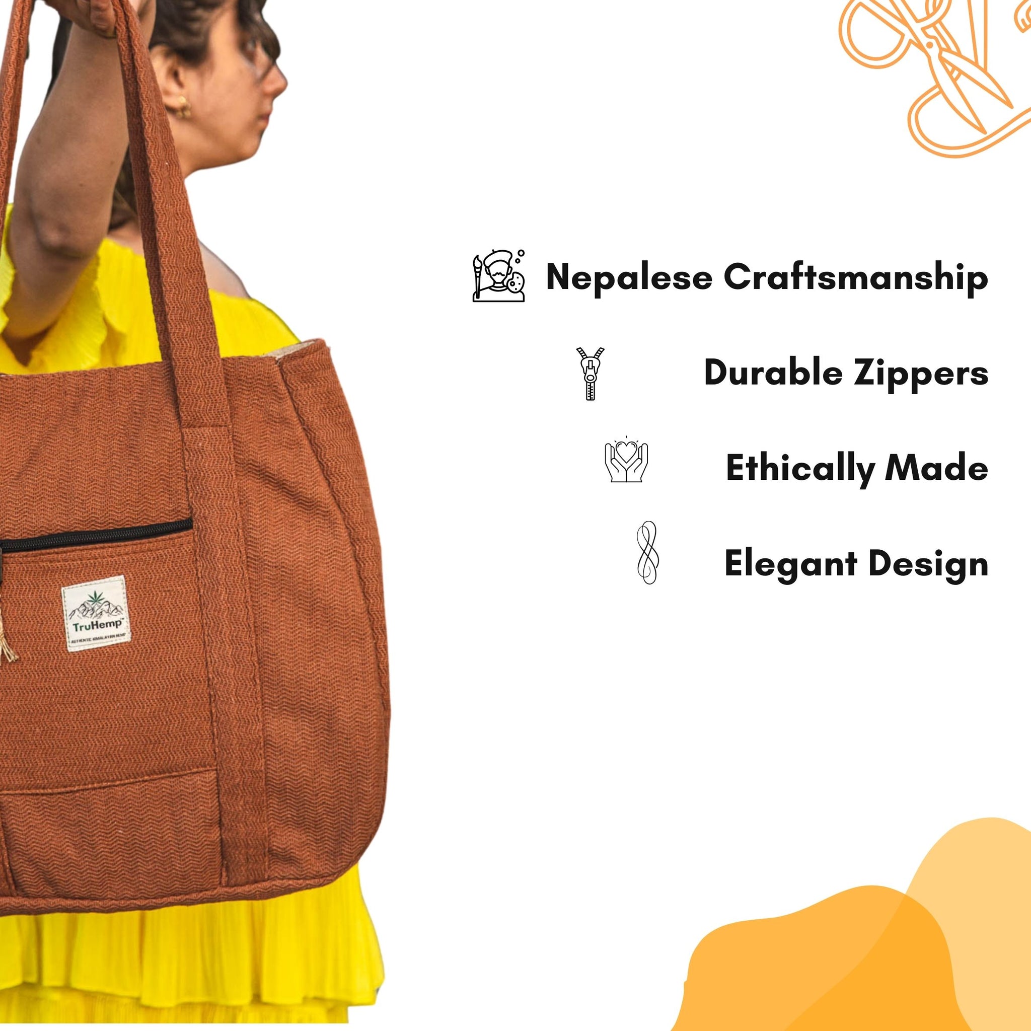 TruHemp Himalayan Hemp Tote Bag– Spacious Shopping Tote with Dual Zippered Compartments, Durable Market Bag with Cotton Lining, 10L Capacity
