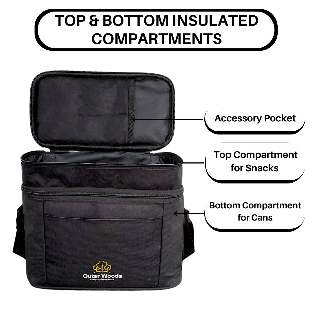 Outer Woods Insulated 6 Can Cooler Bag Dual Compartment, Fits 6 x 500ml Beer Cans & Snacks, Keeps Beer Cans Cool for up to 10 Hours, Ideal for Carrying Food, Beer, Soda, Juice and Milk