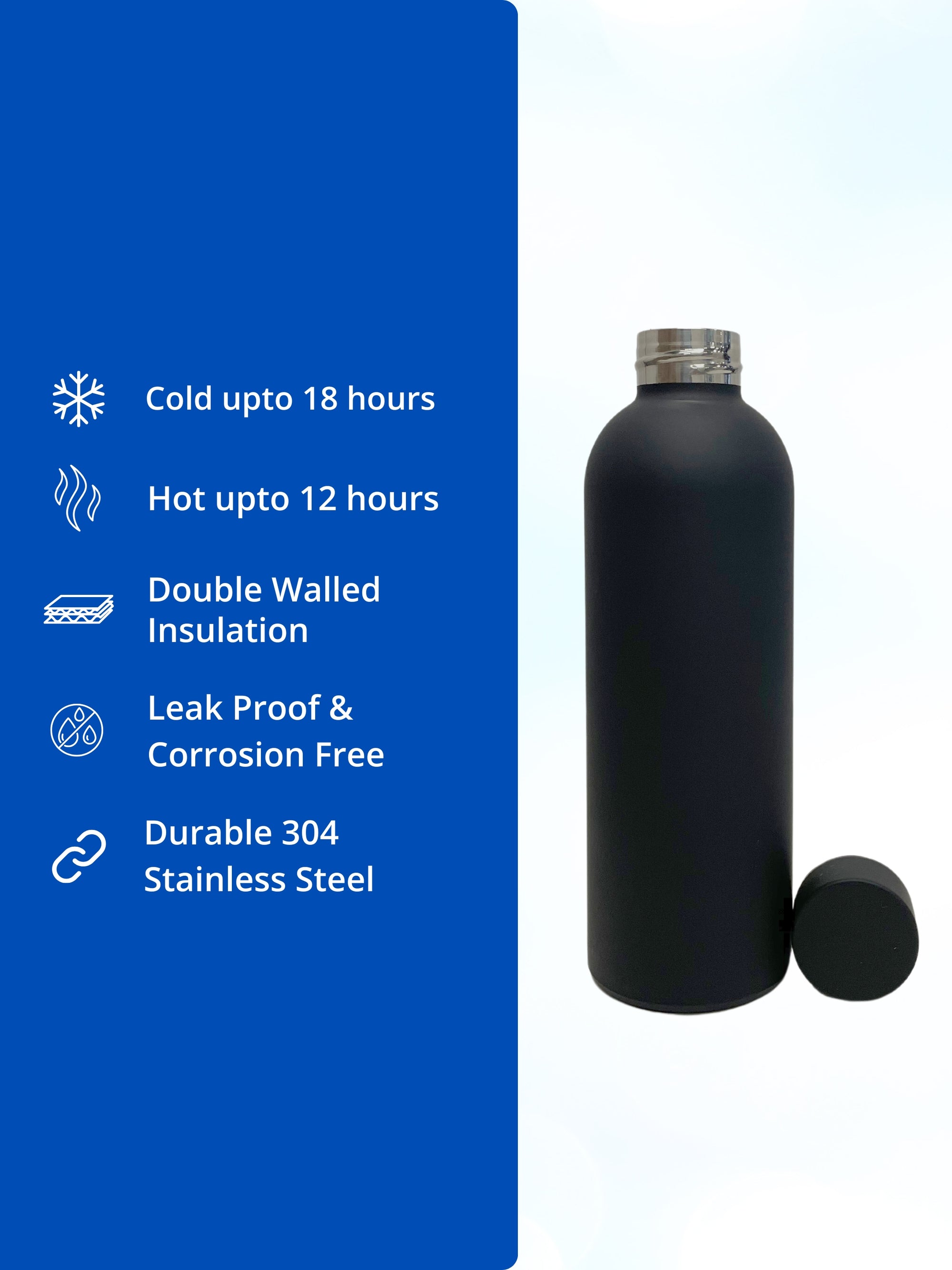 SuperGeneriX 17oz Matte Finish Stainless Steel Water Bottle | Vacuum Insulated Travel Bottle |12 hrs Hot & 18 hrs Cold| Smooth Rubber Finish Water Bottle (Black)