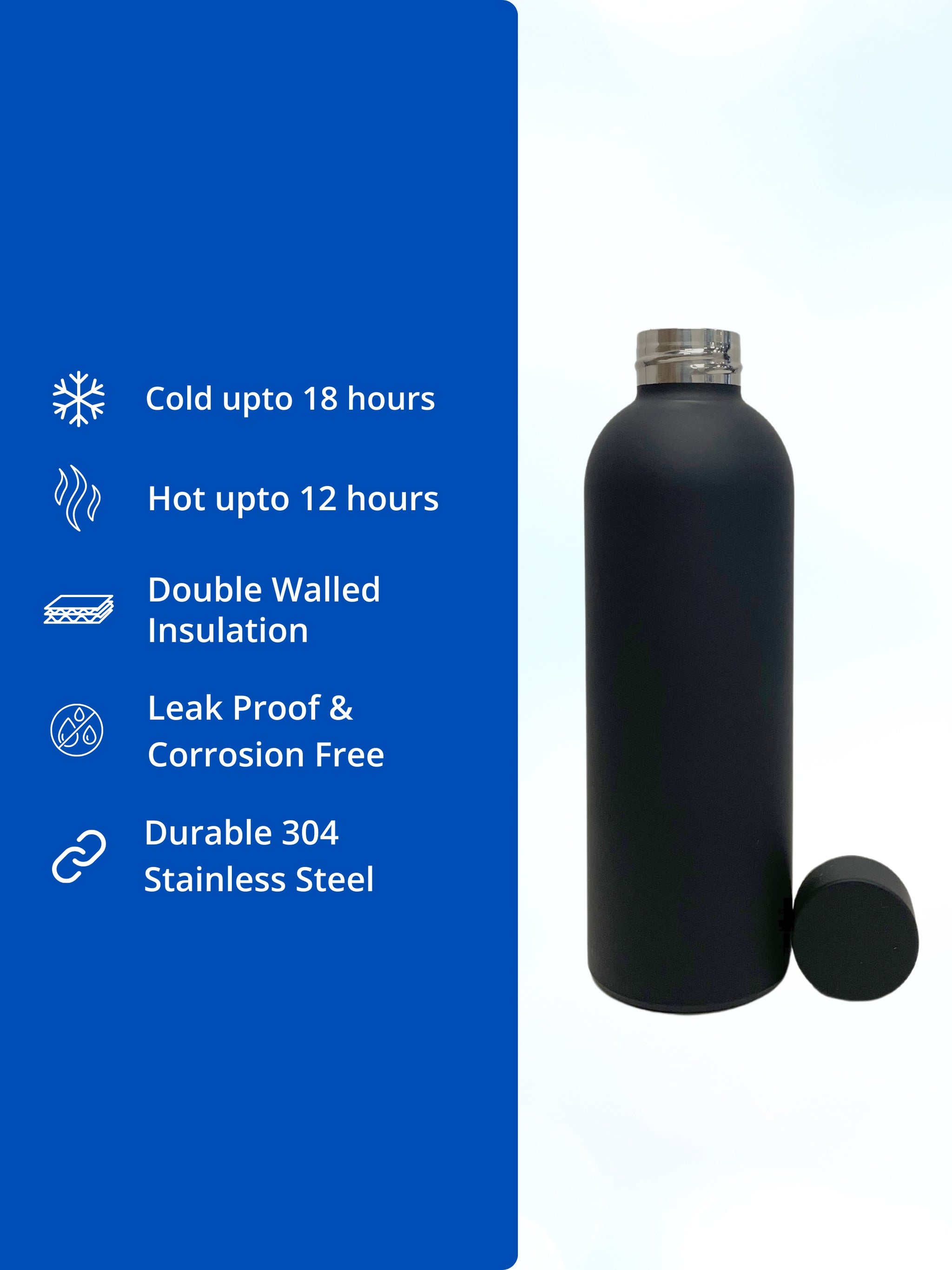 SuperGeneriX 17oz Matte Finish Stainless Steel Water Bottle | Vacuum Insulated Travel Bottle |12 hrs Hot & 18 hrs Cold| Smooth Rubber Finish Water Bottle (Black)