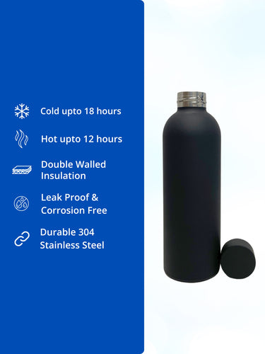 SuperGeneriX 17oz Matte Finish Stainless Steel Water Bottle | Vacuum Insulated Travel Bottle |12 hrs Hot & 18 hrs Cold| Smooth Rubber Finish Water Bottle (Black)