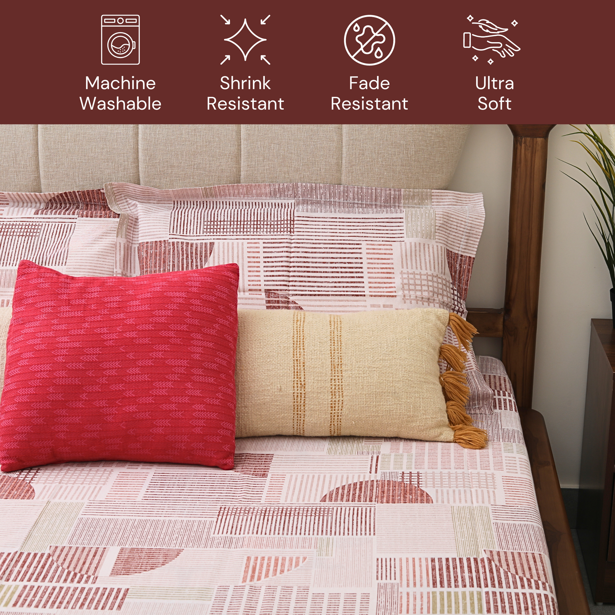bellolin Cotton King Size Bedsheet Set | Gemoetric Pattern Light Red bedsheet with 2 Pillow Covers | 300 Thread Count So