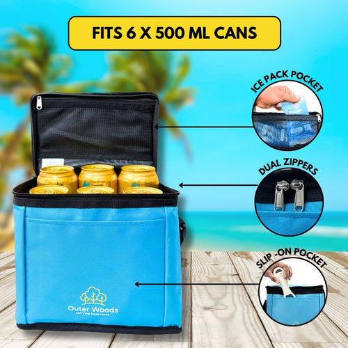Outer Woods Insulated 6 Can Cooler Bag, Fits 6 x 500ml Beer Cans, Keep Cans Cool for up to 10 Hrs, with 2 Units of Ice Gel Packs
