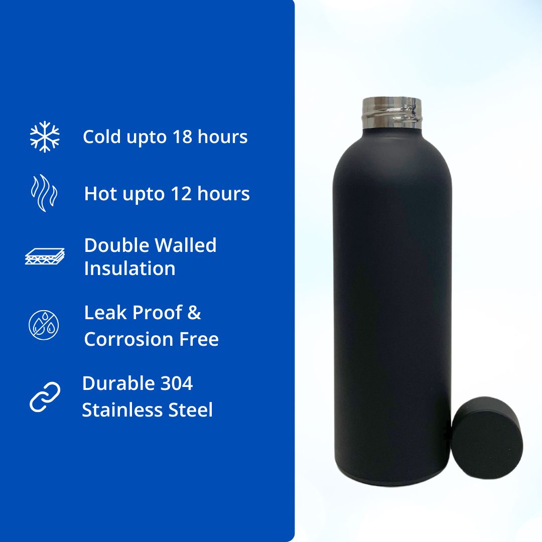 SuperGeneriX 17oz Matte Finish Stainless Steel Water Bottle | Vacuum Insulated Travel Bottle |12 hrs Hot & 18 hrs Cold| Smooth Rubber Finish Water Bottle (Black)