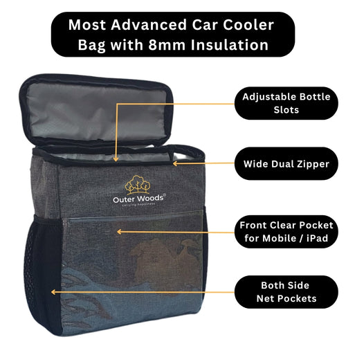 Outer Woods Car Cooler Bag with Adjustable Bottle Slots, Insulated Travel Bag for Cars and SUVs with Side Pockets and 6+ Hours Cooling