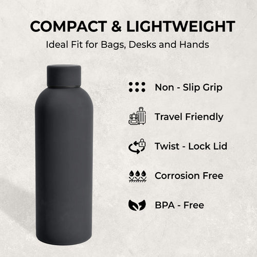SuperGeneriX 17oz Matte Finish Stainless Steel Water Bottle | Vacuum Insulated Travel Bottle |12 hrs Hot & 18 hrs Cold| Smooth Rubber Finish Water Bottle (Black)