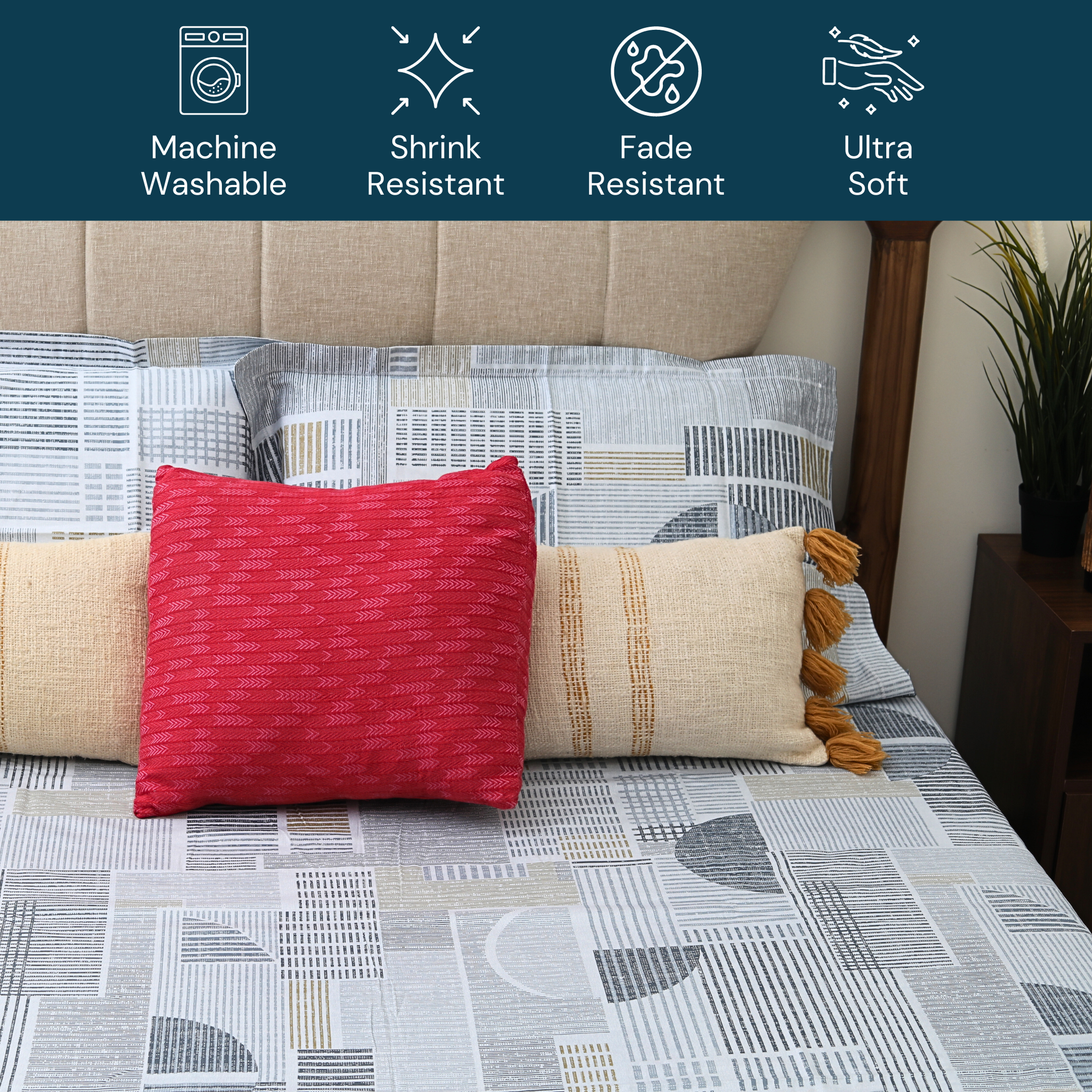 bellolin Cotton King Size Bedsheet Set I Geometric Pattern Light Blue Bedsheet with 2 Pillow Covers I Soft Breathable Be