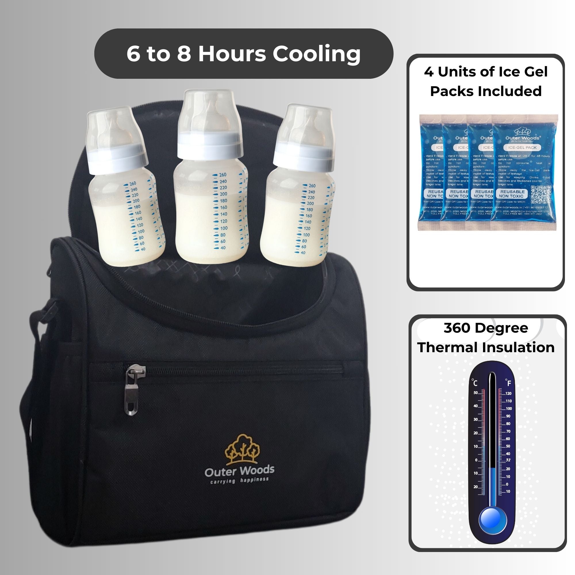 Outer Woods Insulated Breast Milk Cooler Bag with 4 Ice Gel Packs, Keeps Milk and Food Cool for 6 to 8 Hours, Thermal Insulated Baby Travel Bag