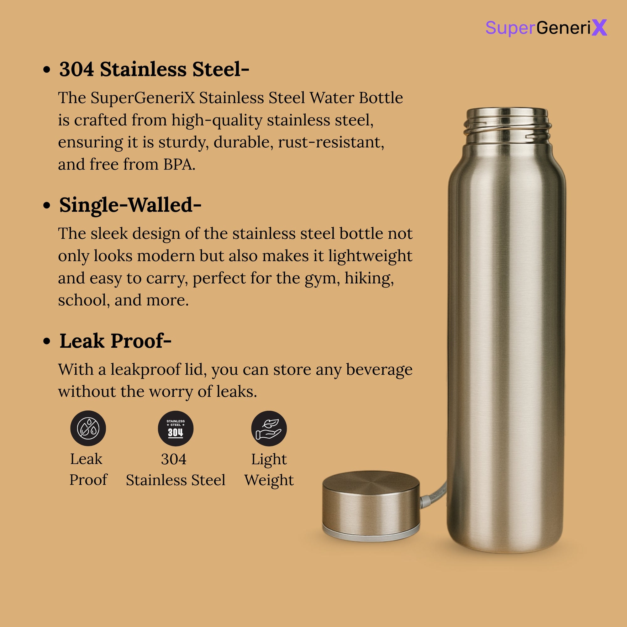 SuperGeneriX Stainless Steel Water Bottle 1000ml | Single Wall Bottle for School, Office, Gym, Travel | Leakproof, Rust-
