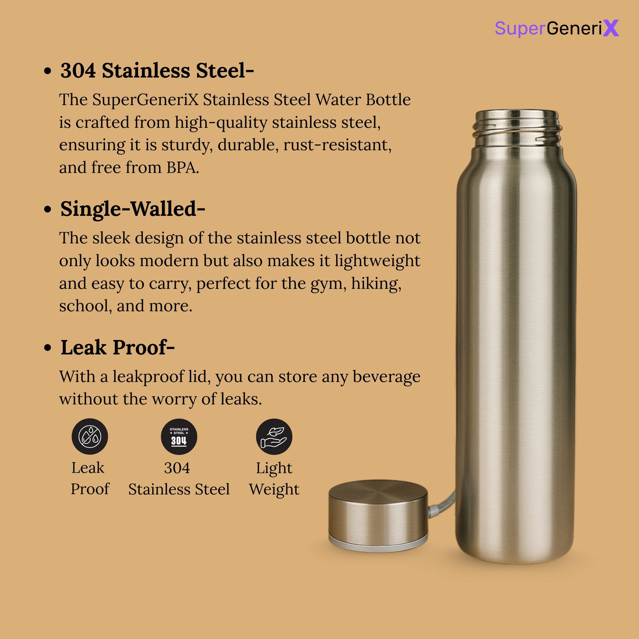 SuperGeneriX Stainless Steel Water Bottle 1000ml | Single Wall Bottle for School, Office, Gym, Travel | Leakproof, Rust-