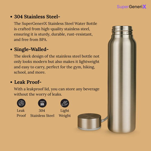SuperGeneriX Stainless Steel Water Bottle 1000ml | Single Wall Bottle for School, Office, Gym, Travel | Leakproof, Rust-Free, Food Grade Steel – Silver
