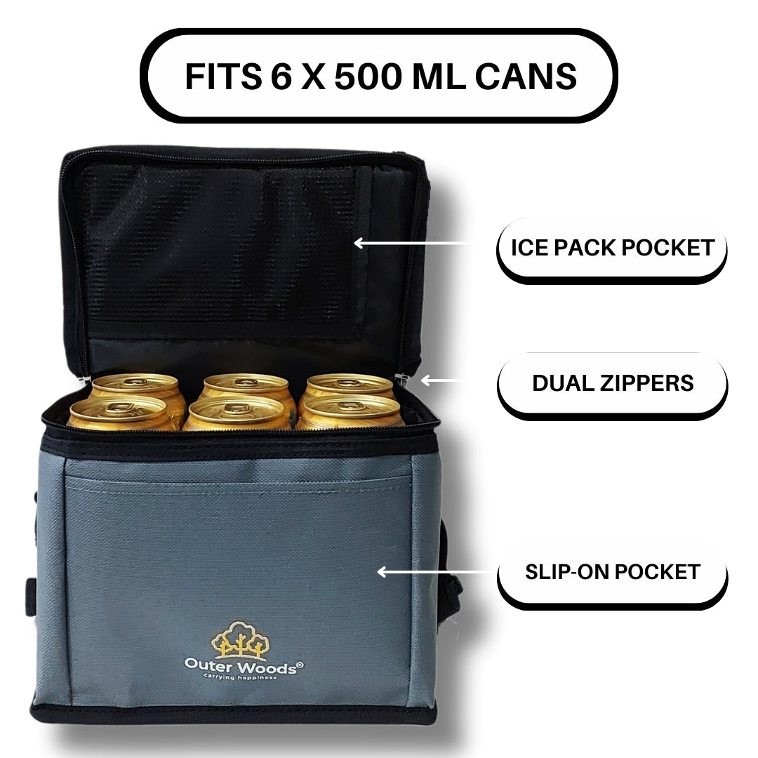 Outer Woods Insulated 6 Can Cooler Bag, Fits 6 x 500ml Beer Cans, Keep Cans Cool for up to 10 Hrs, with 2 Units of Ice Gel Packs