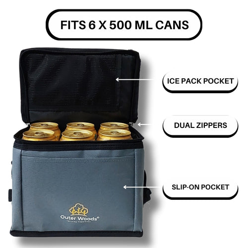 Outer Woods Insulated 6 Can Cooler Bag, Fits 6 x 500ml Beer Cans, Keep Cans Cool for up to 10 Hrs, with 2 Units of Ice Gel Packs