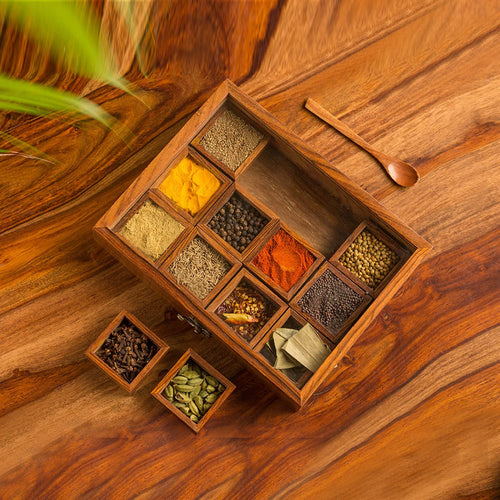 SuperGeneriX Sheesham Wooden Spicebox with 12 Containers with Spoon & Glass Lid, Compact & Sustainable Masala Box with Spoon for Kitchen, Rustic Sheesham Wood Spice Storage for Herbs & Spices