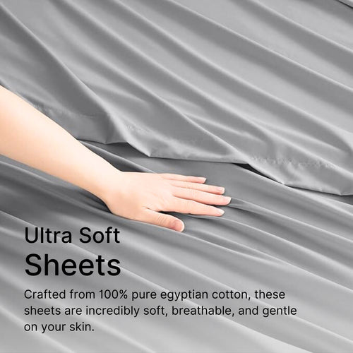 bellolin 100% Cotton Bed Sheet Set with Deep Pocket, 400 Thread Count Extra Soft Bed Sheet, Cooling Sheet with 2 Pillow Covers - 4 Piece Set