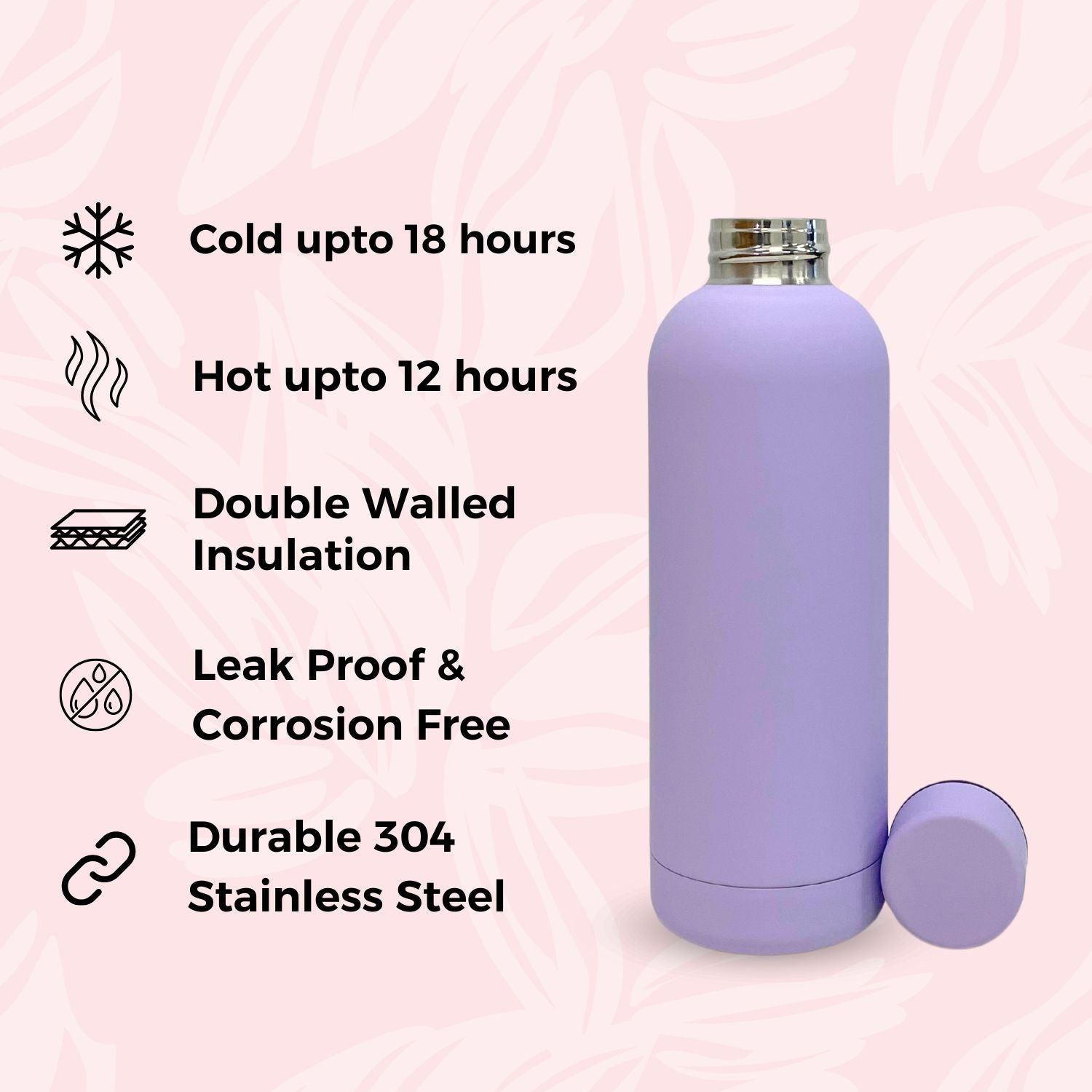 SuperGeneriX 17oz Matte Finish Stainless Steel Water Bottle | Vacuum Insulated Travel Bottle |12 hrs Hot & 18 hrs Cold| Smooth Rubber Finish Water Bottle (Black)