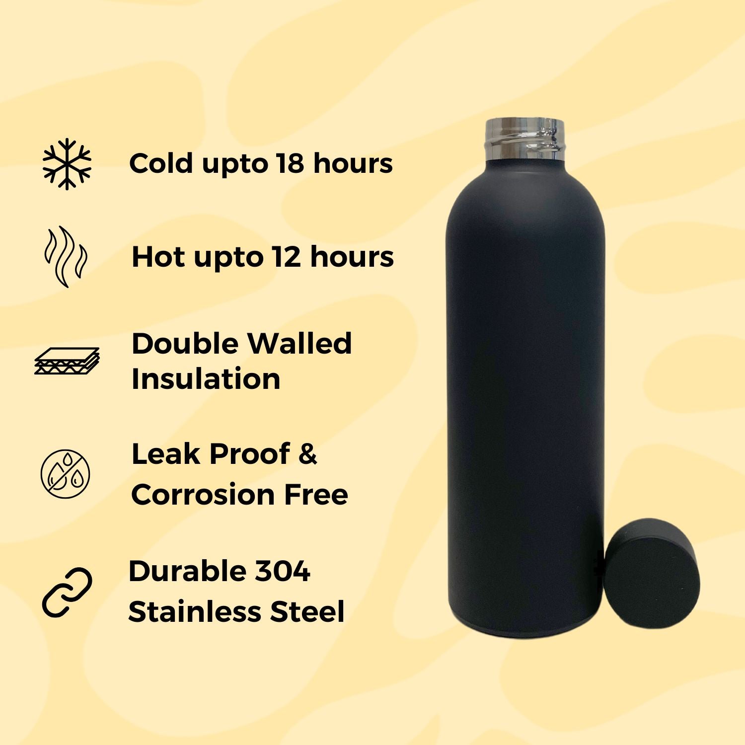 SuperGeneriX 17oz Matte Finish Stainless Steel Water Bottle | Vacuum Insulated Travel Bottle |12 hrs Hot & 18 hrs Cold| Smooth Rubber Finish Water Bottle (Black)