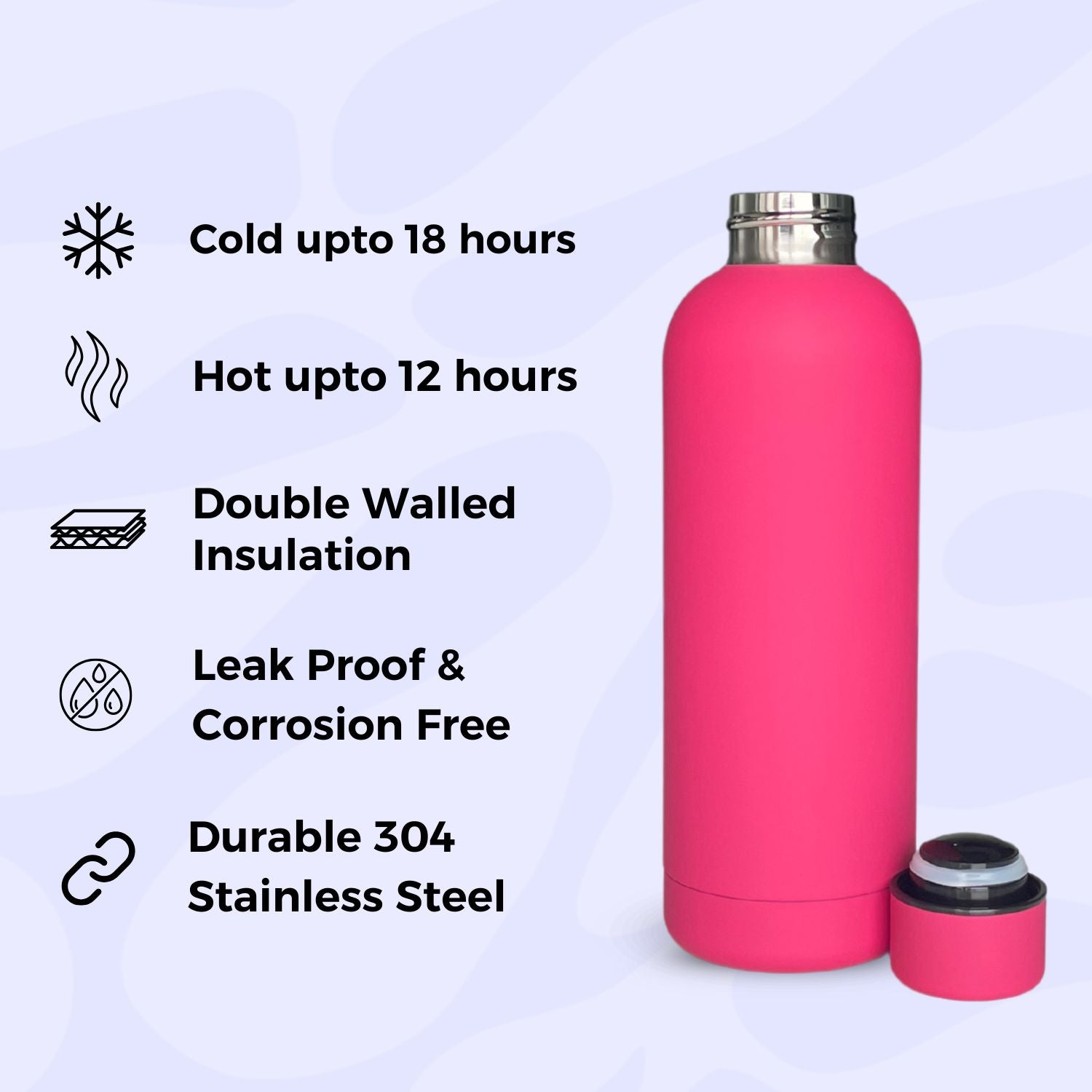 SuperGeneriX 17oz Matte Finish Stainless Steel Water Bottle | Vacuum Insulated Travel Bottle |12 hrs Hot & 18 hrs Cold| Smooth Rubber Finish Water Bottle (Black)