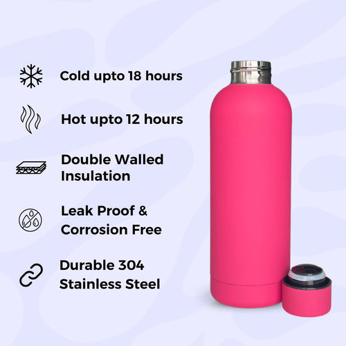 SuperGeneriX 17oz Matte Finish Stainless Steel Water Bottle | Vacuum Insulated Travel Bottle |12 hrs Hot & 18 hrs Cold| Smooth Rubber Finish Water Bottle (Black)