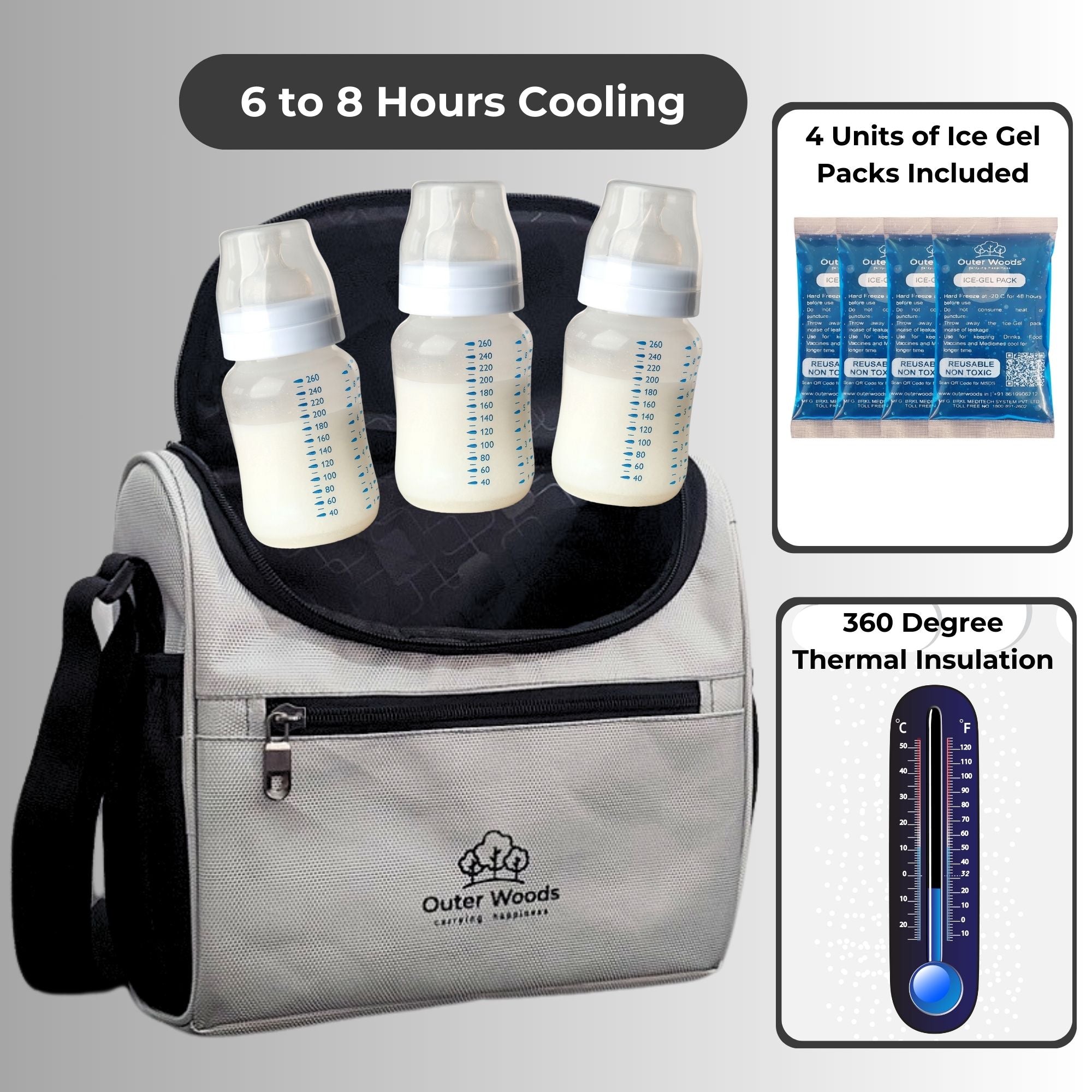 Outer Woods Insulated Breast Milk Cooler Bag with 4 Ice Gel Packs, Keeps Milk and Food Cool for 6 to 8 Hours, Thermal Insulated Baby Travel Bag