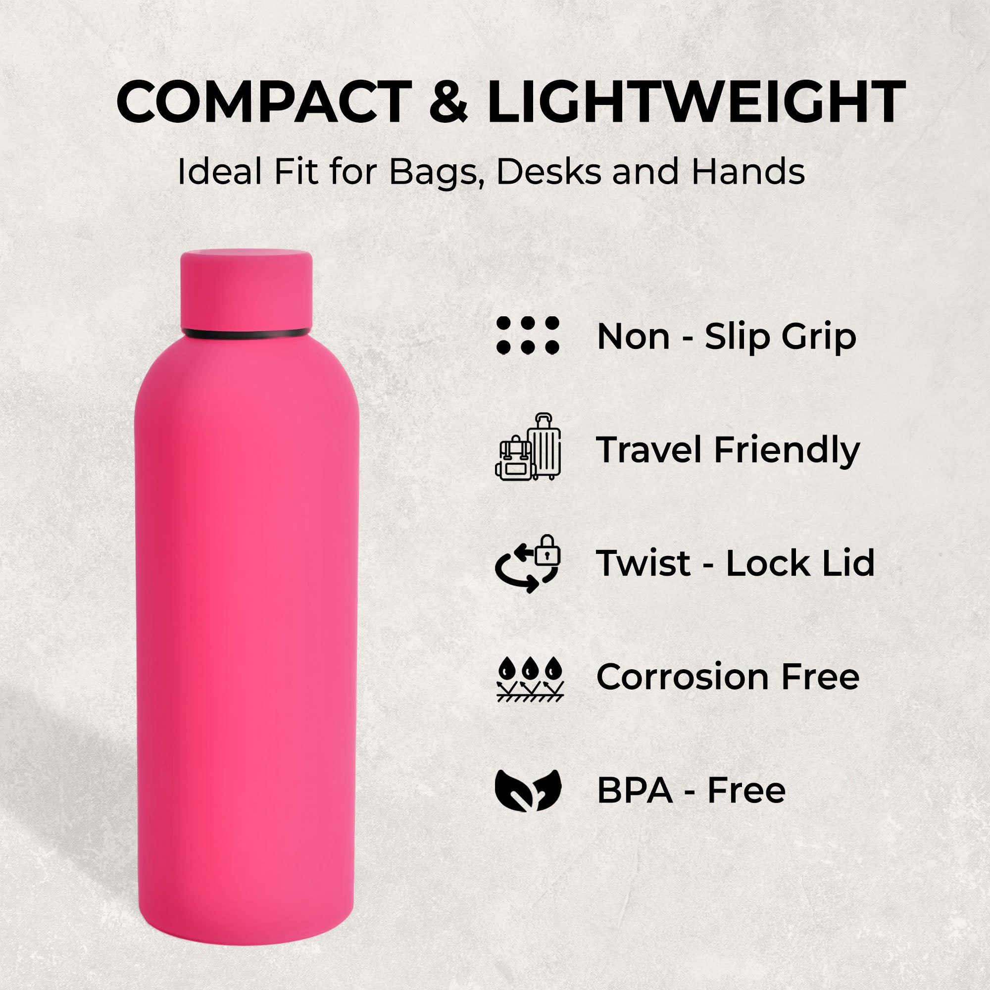SuperGeneriX 17oz Matte Finish Stainless Steel Water Bottle | Vacuum Insulated Travel Bottle |12 hrs Hot & 18 hrs Cold| Smooth Rubber Finish Water Bottle (Black)