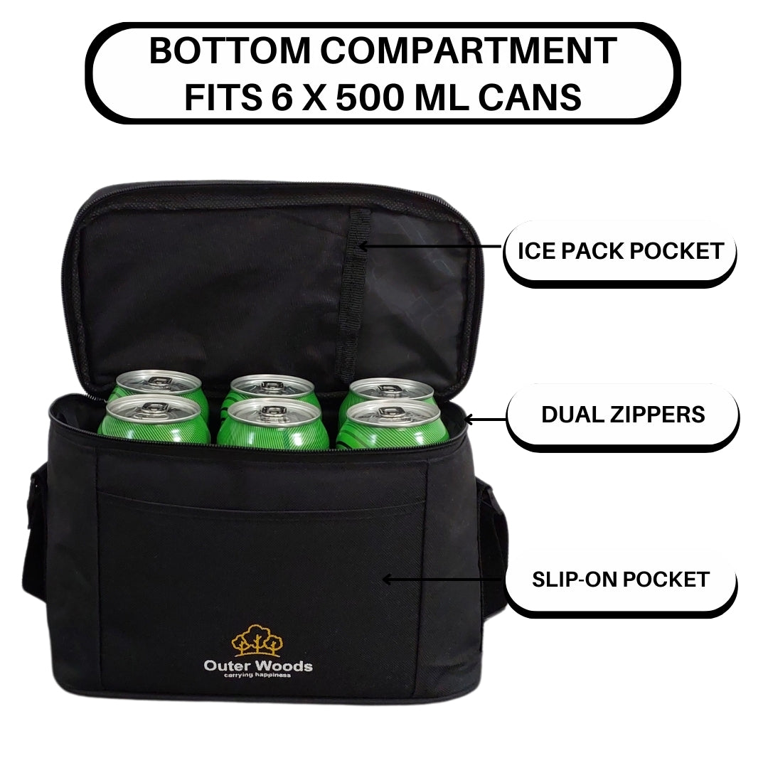Outer Woods Insulated 6 Can Cooler Bag Dual Compartment, Fits 6 x 500ml Beer Cans & Snacks, Keeps Beer Cans Cool for up to 10 Hours, Ideal for Carrying Food, Beer, Soda, Juice and Milk