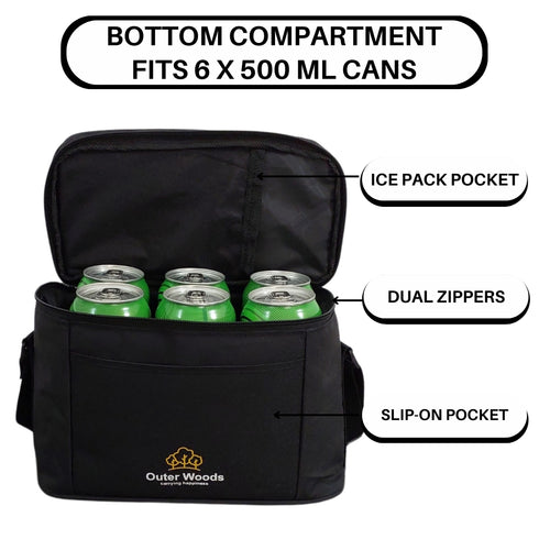 Outer Woods Insulated 6 Can Cooler Bag Dual Compartment, Fits 6 x 500ml Beer Cans & Snacks, Keeps Beer Cans Cool for up to 10 Hours, Ideal for Carrying Food, Beer, Soda, Juice and Milk