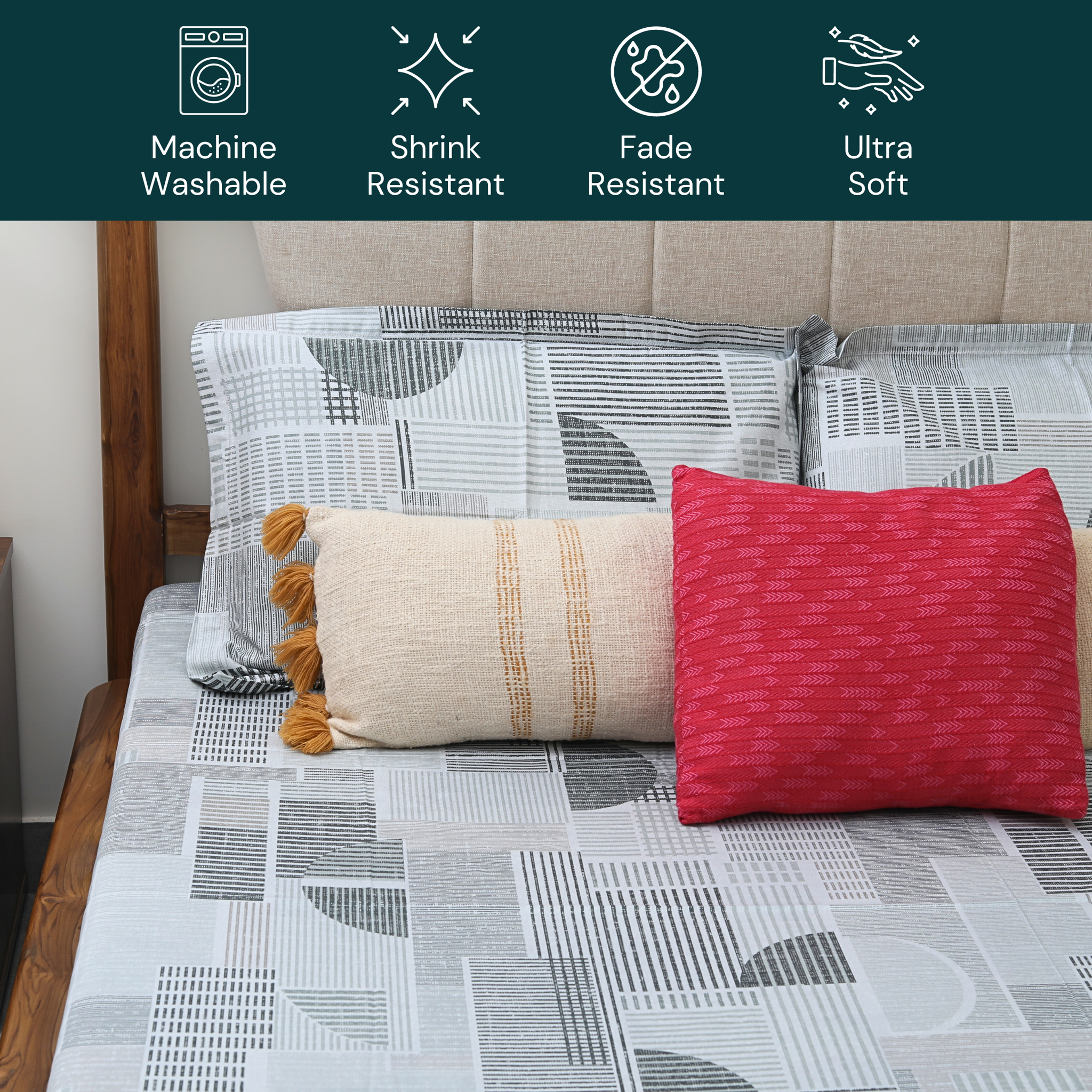 bellolin 100% Cotton 300TC King Size Bedsheet with 2 Pillow Covers (9ft x 9ft | 108 x 108 Inch | Grey, Geometric Pattern
