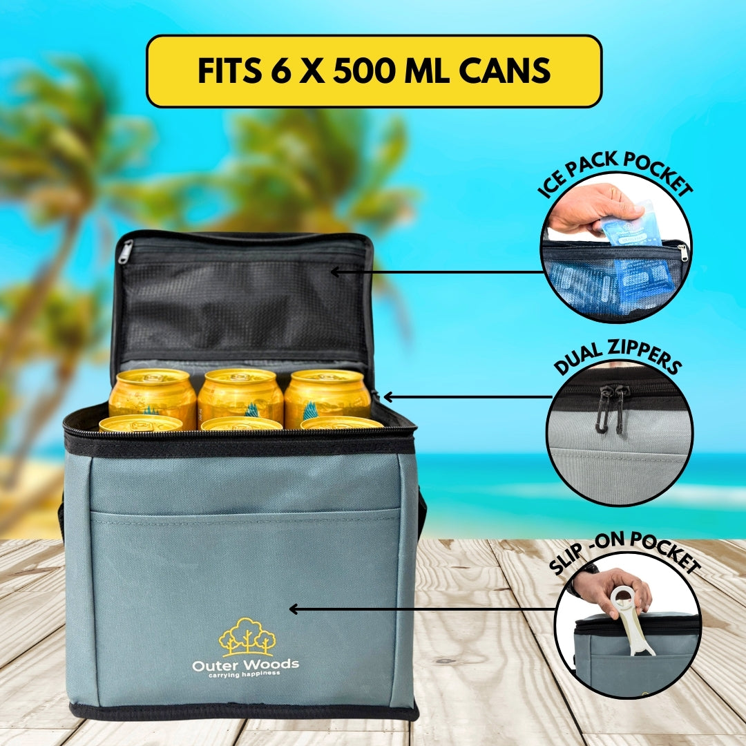 Outer Woods Insulated 6 Can Cooler Bag, Fits 6 x 500ml Beer Cans, Keep Cans Cool for up to 10 Hrs, with 2 Units of Ice Gel Packs