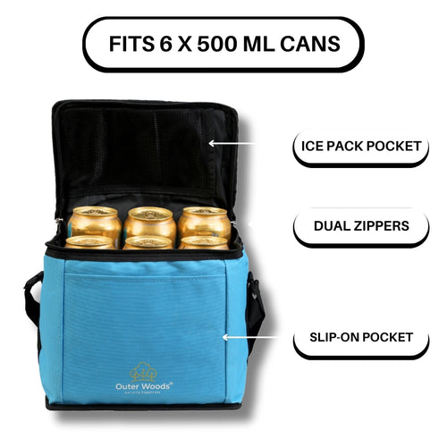 Outer Woods Insulated 6 Can Cooler Bag, Fits 6 x 500ml Beer Cans, Keep Cans Cool for up to 10 Hrs, with 2 Units of Ice Gel Packs