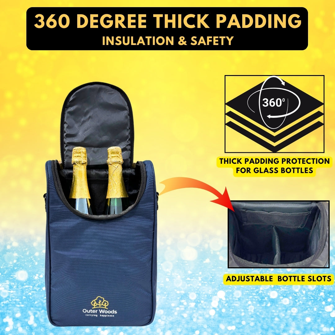 Outer Woods Nylon Insulated 2 Bottle Bag, 360° Insulation and Portable Padded Protection for Glass Bottles, Ideal for Carrying Wine, Beer, Whisky, Vodka, Soda, Juice, Milk and Water