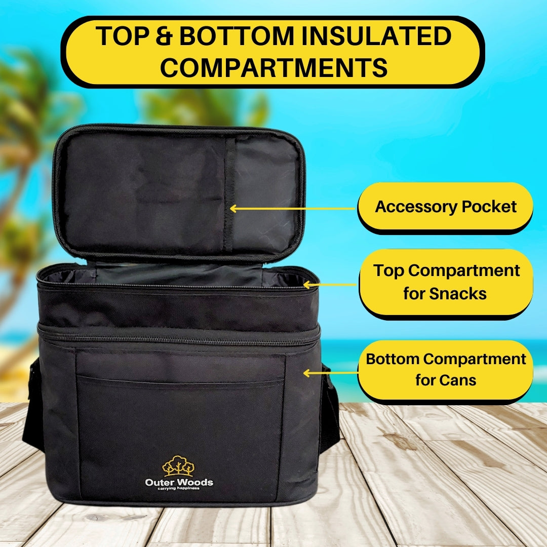 Outer Woods Insulated 6 Can Cooler Bag Dual Compartment, Fits 6 x 500ml Beer Cans & Snacks, Keeps Beer Cans Cool for up to 10 Hours, Ideal for Carrying Food, Beer, Soda, Juice and Milk