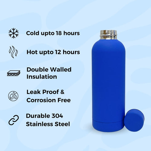 SuperGeneriX 500ml Matte Finish Stainless Steel Water Bottle | Vacuum Insulated Travel Bottle | 12 hrs Hot & 18 hrs Cold | Smooth Rubber Finish Water Bottle (Dark Blue)