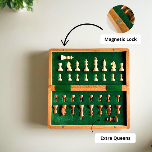 SuperGeneriX Wooden Chess Board Set with Magnetic Pieces, 12-Inch Foldable Chess Board with Secure Storage & Extra Queens, Chess Set for Kids & Adults (12x12 Inches)