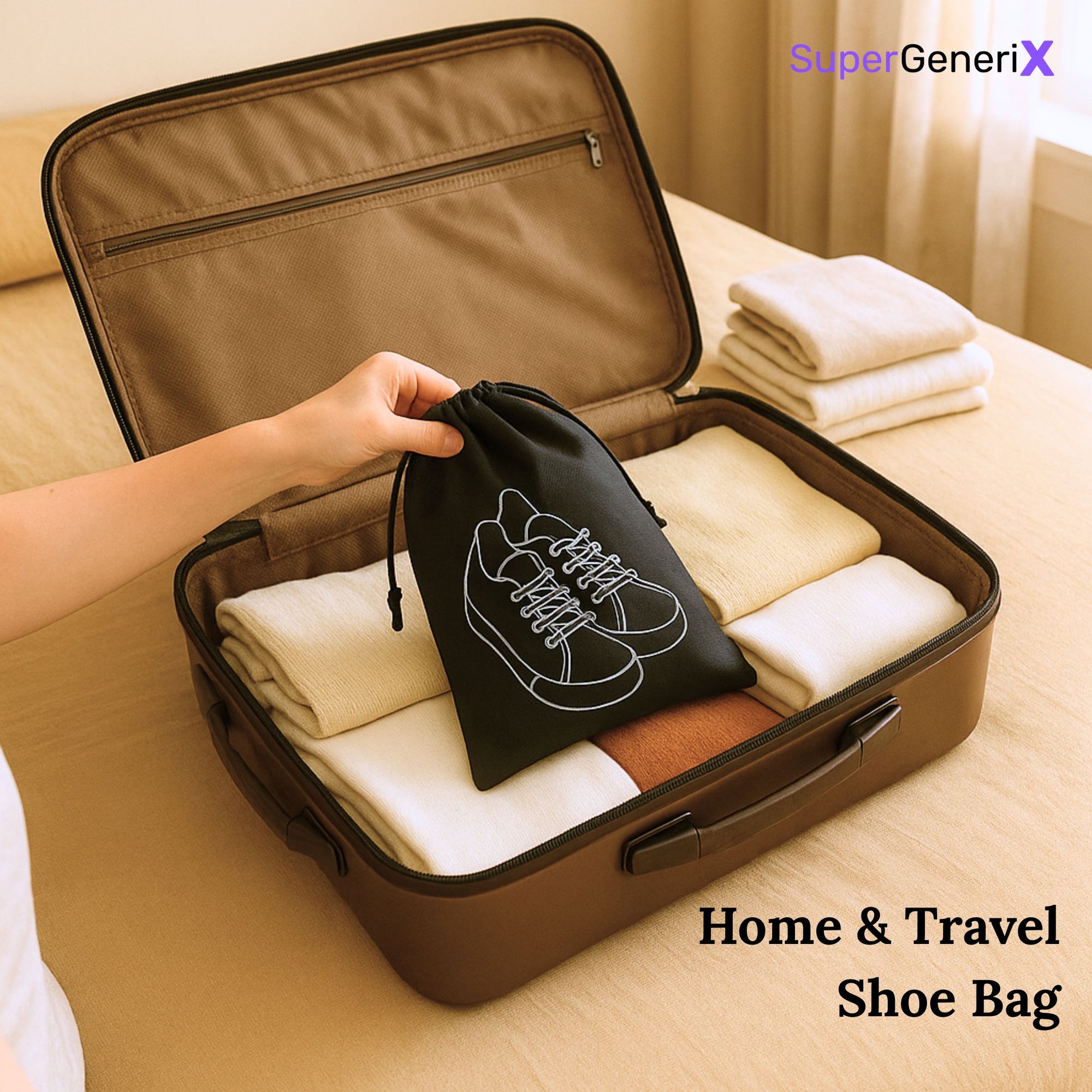 SuperGeneriX Premium Shoe Cover Bags| Large 16x12 Travel Shoe Pouches | Non-Woven, Dustproof Storage Bags | Drawstring C