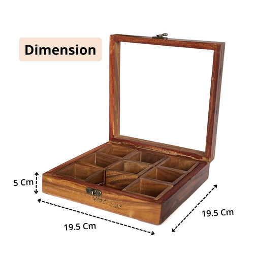SuperGeneriX Wooden Spicebox with 9 Containers | Compact & Sustainable Masala Box with Spoon & Glass Lid for Kitchen | Rustic Wooden Spice Storage for Herbs & Spices (7.5