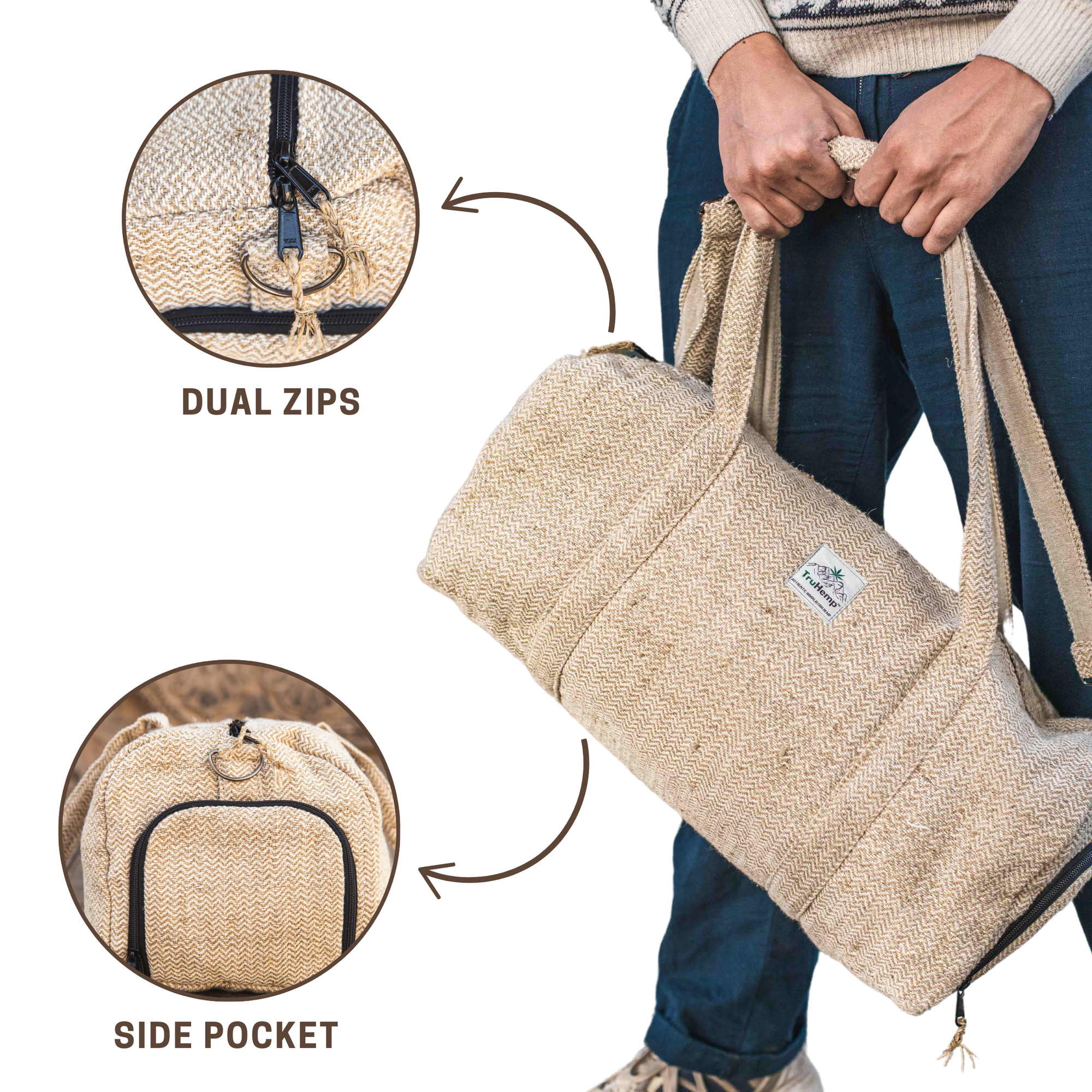 TruHemp Hemp Duffle Bag– Natural Travel Gym Bag with Shoe Compartment, Durable 30L Capacity with Dual YKK Zippered Sections